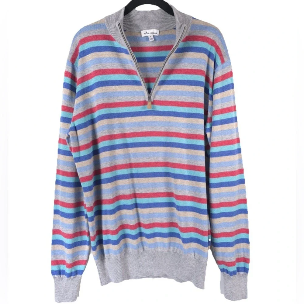 PETER MILLAR SILK CASHMERE PIMA COTTON‎ Size M Striped 1/4 Zip Pullover Sweater